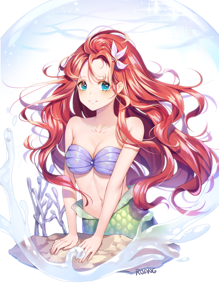 1girl, ariel_(disney), artist_name, bare_shoulders, bikini, blue_eyes, breasts, cleavage