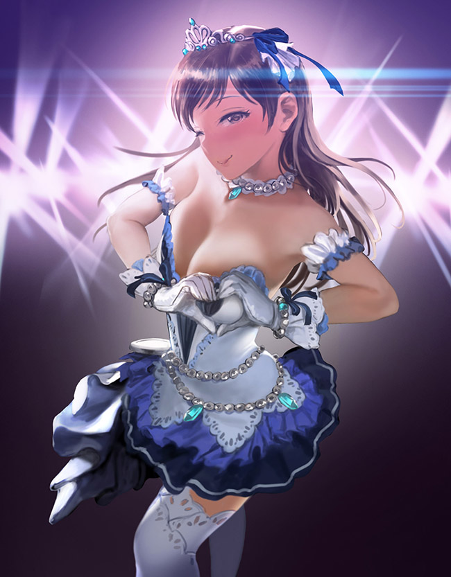 1girl, arm_garter, backlighting, bare_shoulders, bead_bracelet, beads, blue_ribbon, blue_skirt