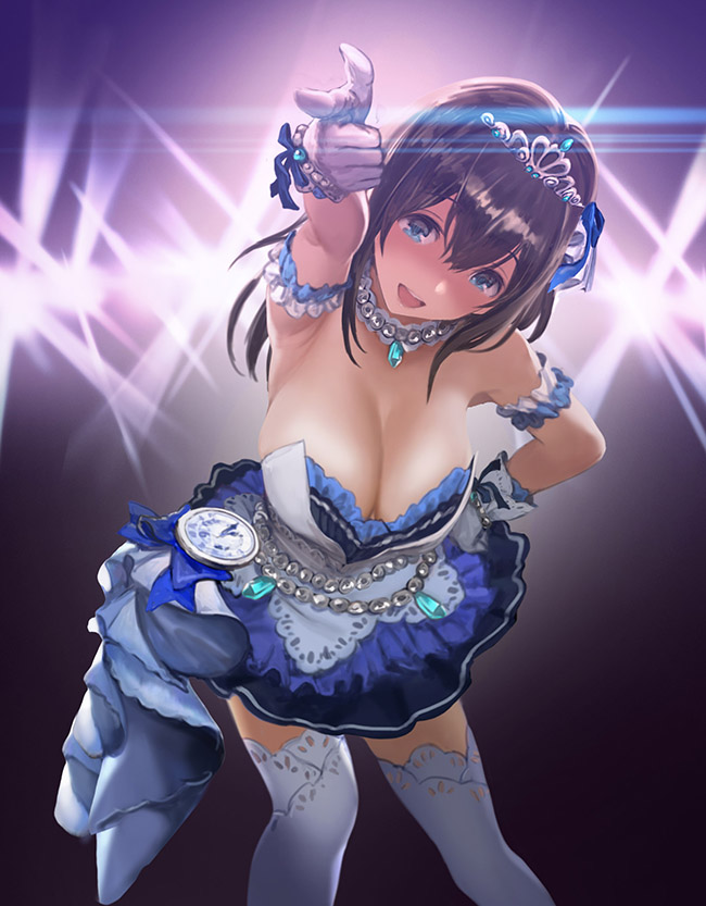 1girl, arm_garter, backlighting, bare_shoulders, bead_bracelet, beads, black_hair, blue_eyes, blue_ribbon, blue_skirt, blush, bracelet, breasts, cleavage, clock, dress, female_focus, gem, gloves, hair_between_eyes, hair_ribbon, hamedoragon, idolmaster, idolmaster_cinderella_girls, idolmaster_cinderella_girls_starlight_stage, jewelry, large_breasts, leaning_forward, long_hair, looking_at_viewer, necklace, open_mouth, pearl_(gemstone), pearl_bracelet, pearl_necklace, pendant, pocket_watch, pointing, ribbon, sagisawa_fumika, skirt, smile, solo, stage_lights, starry_sky_bright, strapless, strapless_dress, thighhighs, thighs, tiara, watch, white_dress, white_gloves, white_thighhighs