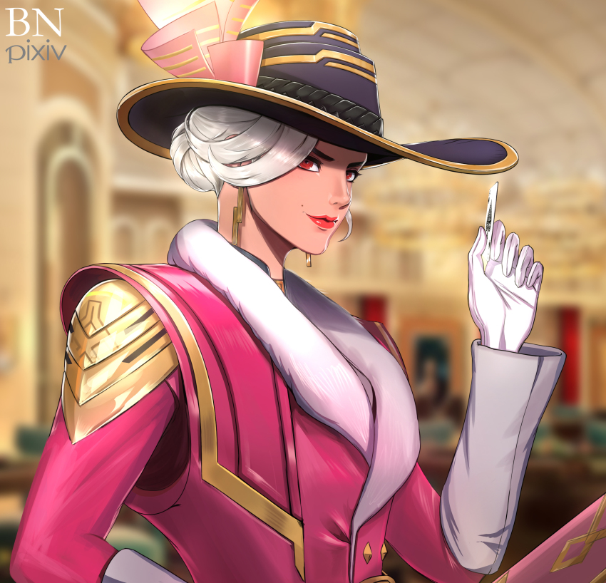 1girl, absurdres, ace_(playing_card), ace_of_spades, ashe_(overwatch), bbuni, blurry, blurry_background