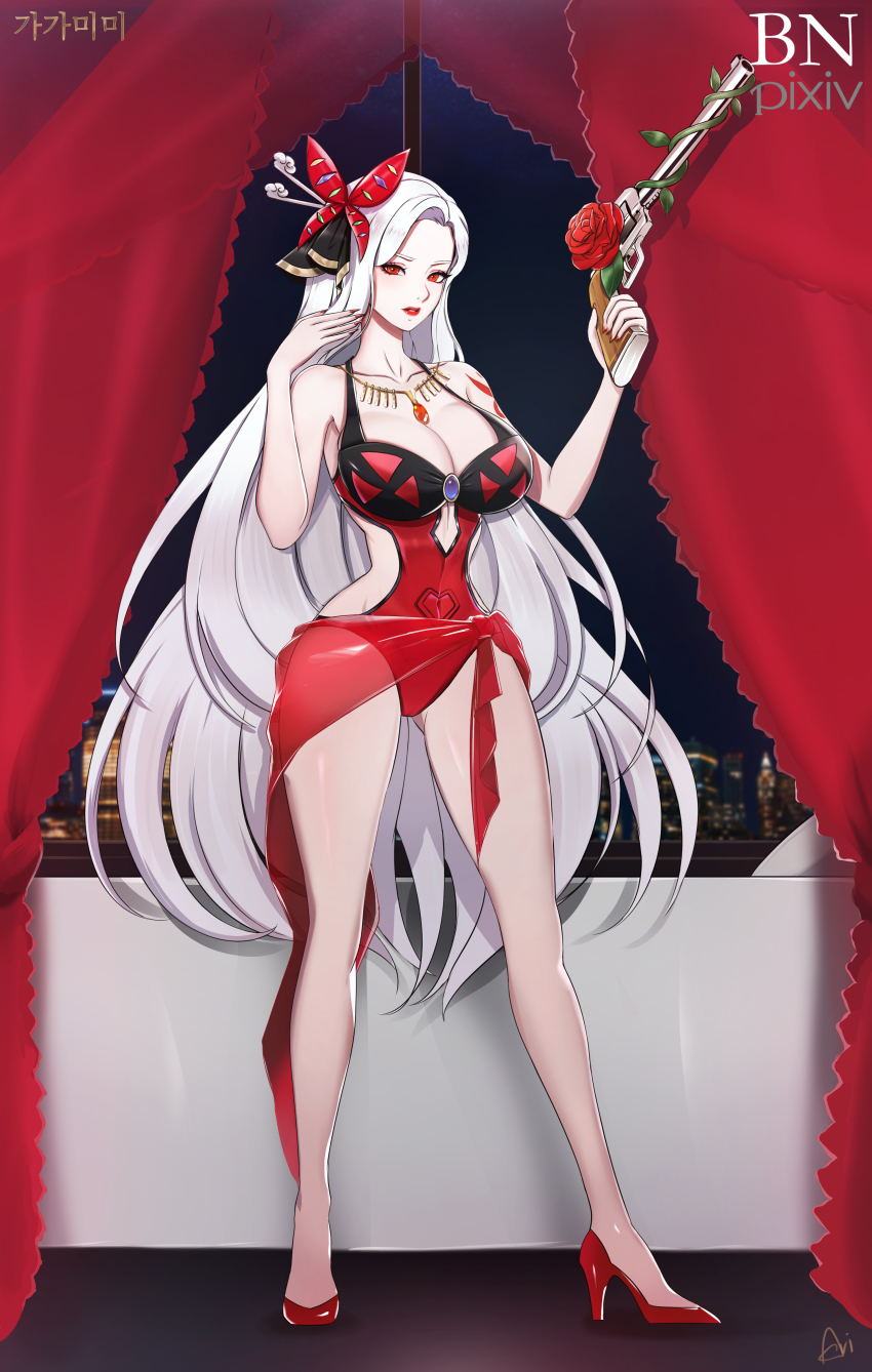 1girl, absurdres, bad_proportions, bbuni, bow, breasts, cleavage, commission