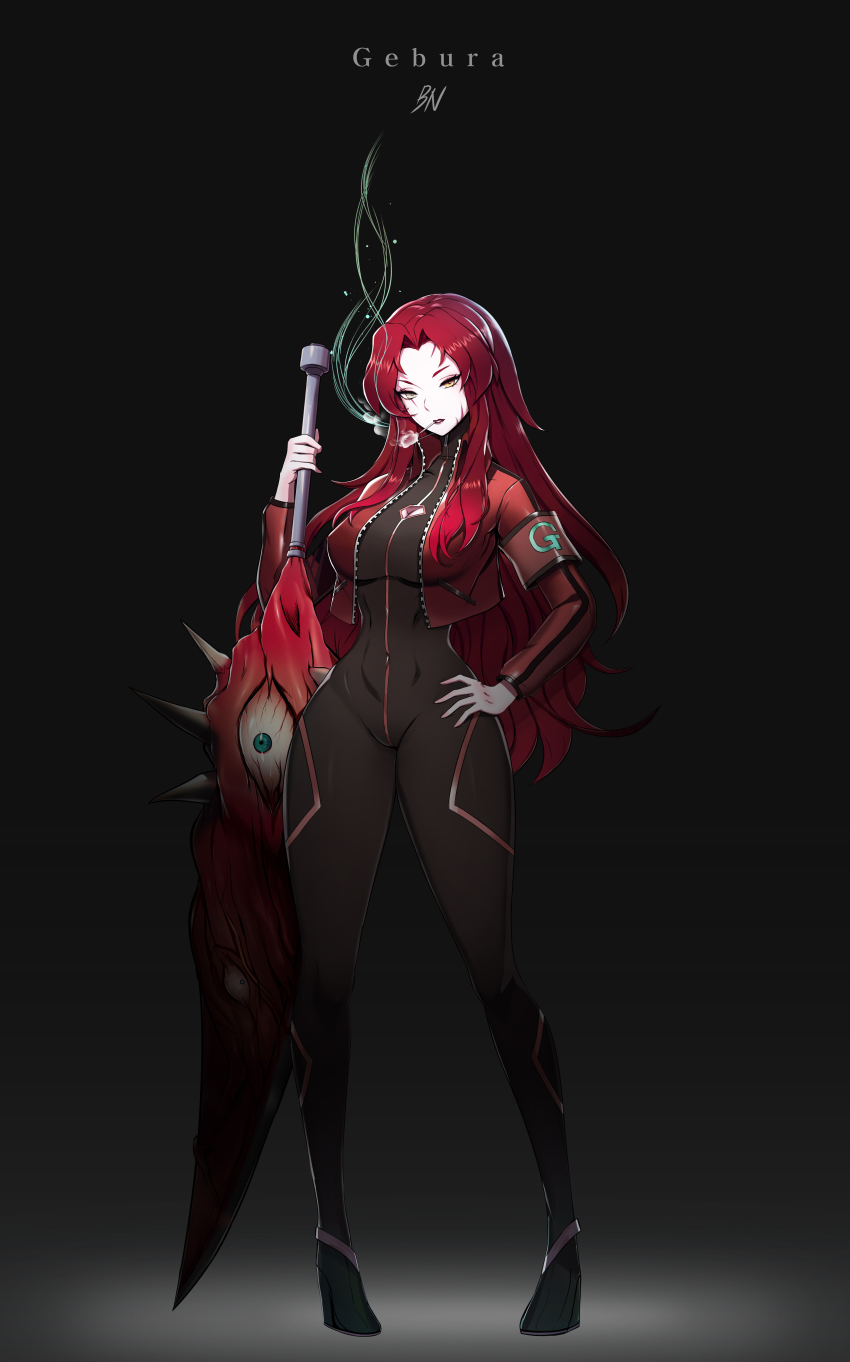 1girl, absurdres, armband, bad_proportions, bbuni, black_background, black_bodysuit, black_legwear, bodysuit, character_name, e.g.o_(project_moon), eyeball, female_focus, full_body, gebura_(project_moon), grey_eyes, hand_on_own_hip, heterochromia, highres, jacket, lobotomy_corporation, long_hair, long_sleeves, mimicry_(e.g.o), mouth_hold, project_moon, red_hair, red_jacket, smoking, solo, standing, very_long_hair, weapon, yellow_eyes