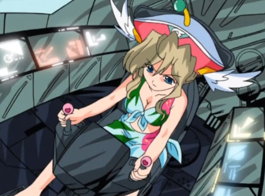 1girl, antenna, bikini, bikini_top_only, blonde_hair, blue_eyes, female_focus, floral_print