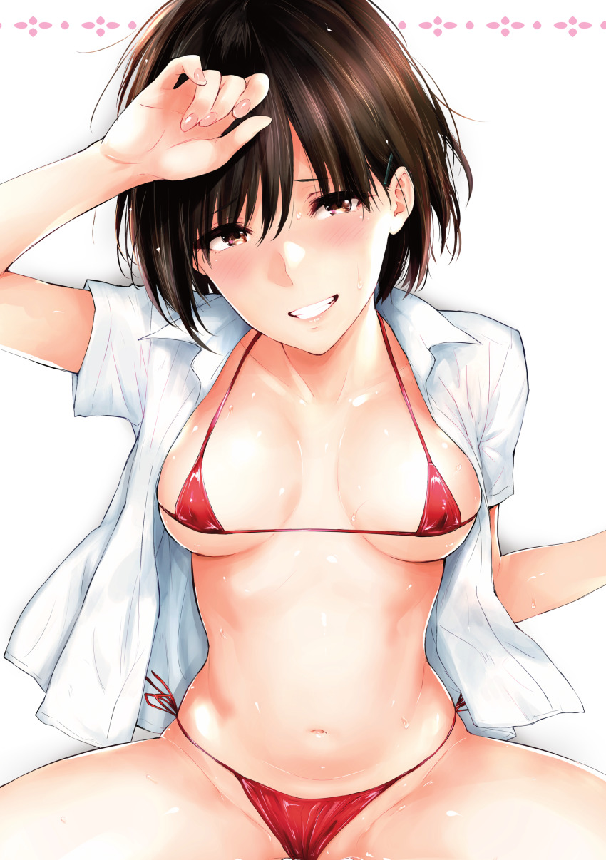 1girl, absurdres, bikini, blush, breasts, brown_eyes, brown_hair, collarbone, collared_shirt, female_focus, groin, hand_up, head_tilt, highres, looking_at_viewer, medium_breasts, micro_bikini, napata, navel, open_clothes, open_shirt, original, parted_lips, red_bikini, shiny_skin, shirt, short_hair, side-tie_bikini_bottom, sidelocks, sitting, smile, solo, spread_legs, stomach, swimsuit, thighs, wet, wet_clothes, white_shirt