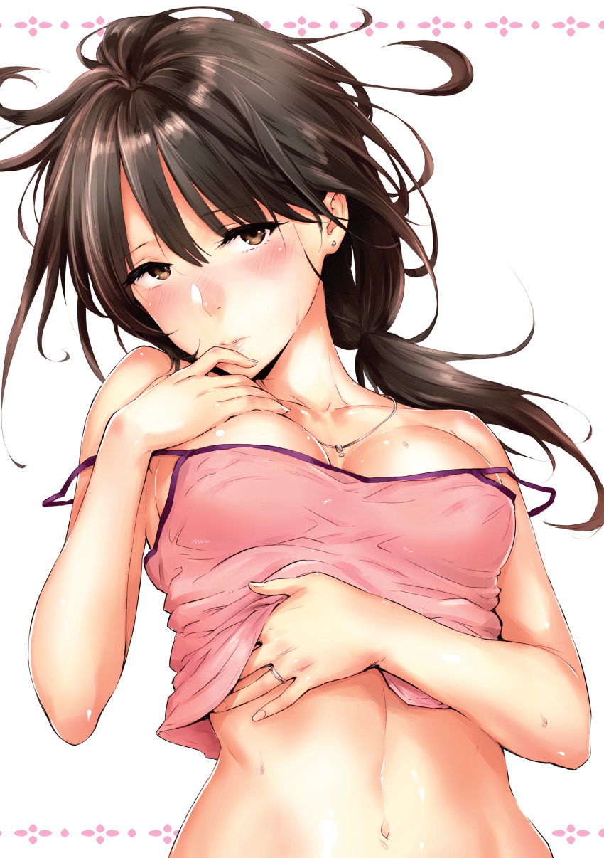 1girl, absurdres, blush, breasts, brown_eyes, brown_hair, camisole, camisole_lift