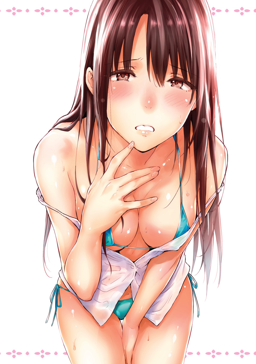 1girl, absurdres, aqua_bikini, bare_shoulders, between_legs, bikini, bikini_under_clothes, blush