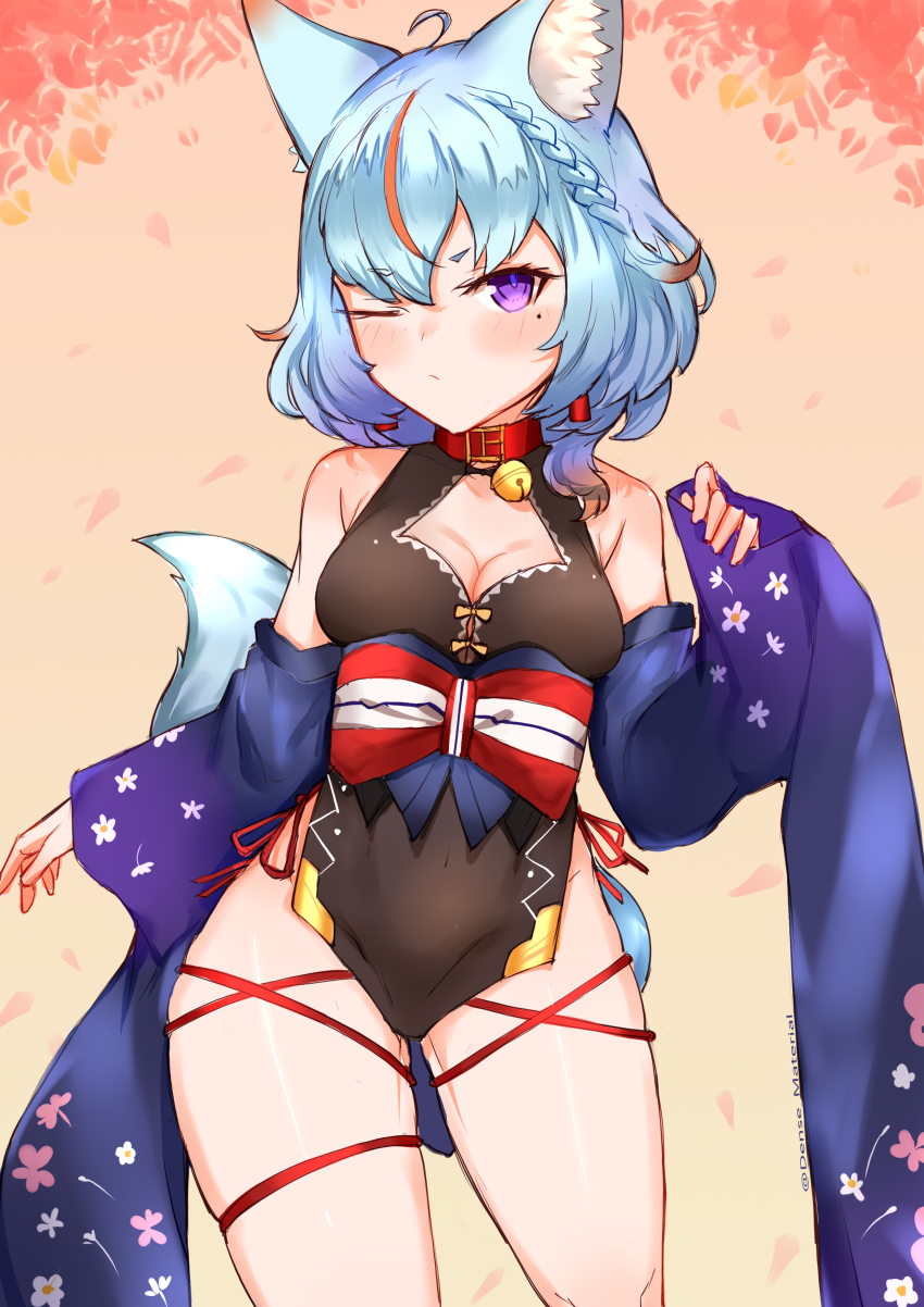 absurdres, ahoge, animal_ear_fluff, animal_ears, bare_shoulders, bell, black_dress, blue_hair