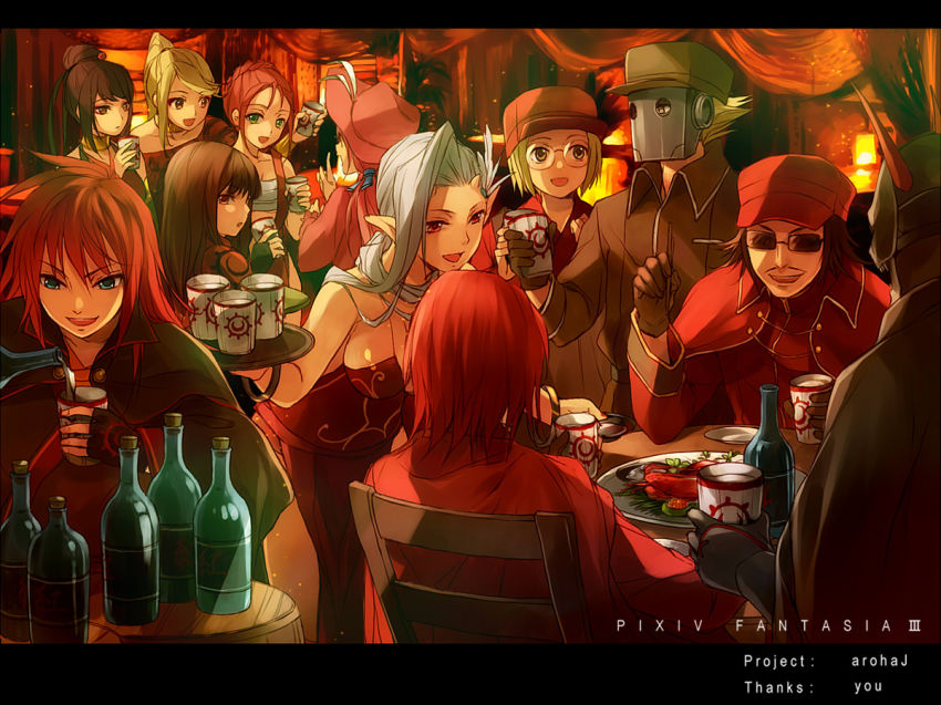 5boys, 6+girls, bad_id, bad_pixiv_id, bottle, eating, food, kannazuki_(pixiv_fantasia)