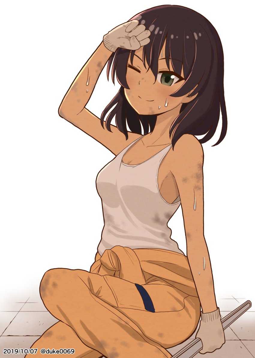 1girl, ;), absurdres, brown_hair, closed_mouth, clothes_around_waist, commentary, dark-skinned_female