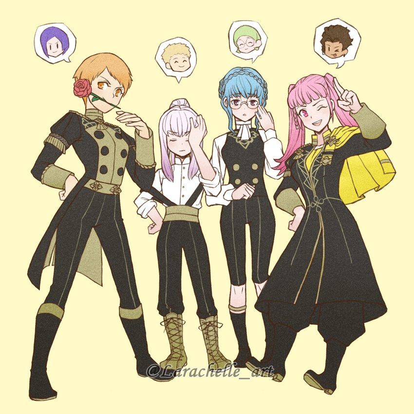 4girls, alternate_hairstyle, bespectacled, blue_hair, blunt_bangs, braid, brown_eyes, cape, claude_von_riegan, claude_von_riegan_(cosplay), closed_eyes, closed_mouth, cosplay, crown_braid, epaulettes, fire_emblem, fire_emblem:_three_houses, flower, full_body, garreg_mach_monastery_uniform, glasses, gradient_background, hand_on_own_hip, highres, hilda_valentine_goneril, ignatz_victor, ignatz_victor_(cosplay), larachelle, leonie_pinelli, long_hair, long_sleeves, lorenz_hellman_gloucester, lorenz_hellman_gloucester_(cosplay), lysithea_von_ordelia, marianne_von_edmund, matching_hair/eyes, multiple_girls, nintendo, one_eye_closed, open_mouth, orange_eyes, orange_hair, pants, parted_lips, pink_eyes, pink_hair, ponytail, raphael_kirsten, raphael_kirsten_(cosplay), rose, short_hair, simple_background, sleeves_rolled_up, standing, twintails, twitter_username, white_hair, yellow_cape