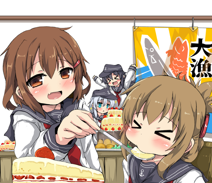 >_<, 4girls, akatsuki_(kancolle), anchor_symbol, blue_eyes, blush, blush_stickers, brown_eyes
