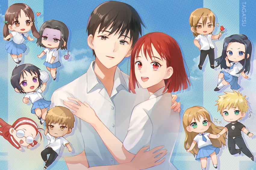 4boys, 6+girls, :d, antenna_hair, arima_souichirou, artist_name, asaba_hideaki, ball, belt, black_collar, black_eyes, black_footwear, black_hair, black_legwear, black_shirt, blonde_hair, blue_background, blue_eyes, blue_neckwear, blue_skirt, bob_cut, bracelet, brown_eyes, brown_hair, character_request, chibi, cloud, collar, collared_shirt, commentary_request, couple, denim, dress_shirt, dual_persona, everyone, flower, glasses, green_eyes, hair_strand, halftone, halftone_background, hand_on_another's_back, hand_on_another's_shoulder, heart, hitodama, holding, holding_ball, holding_flower, holding_person, ikeda_katsuma, izawa_maho, jacket, jeans, jewelry, kareshi_kanojo_no_jijou, korean_commentary, light_frown, light_smile, long_hair, looking_at_viewer, looking_back, lowered_eyelids, lying, miyazawa_yukino, mole, mole_under_eye, multiple_boys, multiple_girls, musical_note, necklace, necktie, opaque_glasses, open_mouth, outstretched_arms, pants, parted_lips, red_eyes, red_hair, rose, sakura_tsubaki, sawada_aya, school_uniform, sena_rika, shibahime_tsubasa, shirt, shoes, short_hair, short_twintails, skirt, skull_necklace, sky, smile, socks, sparkle, spiked_collar, spikes, sweatdrop, t-shirt, tagatsu, throwing, track_jacket, track_pants, track_suit, twintails, untucked_shirt, upper_body, very_short_hair, volleyball, volleyball_(object), white_legwear