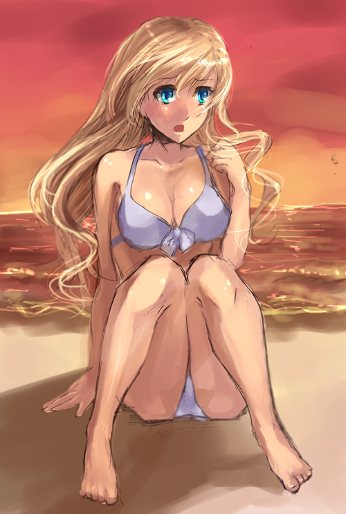 1girl, bad_id, bad_pixiv_id, barefoot, beach, bikini, blonde_hair, blue_eyes