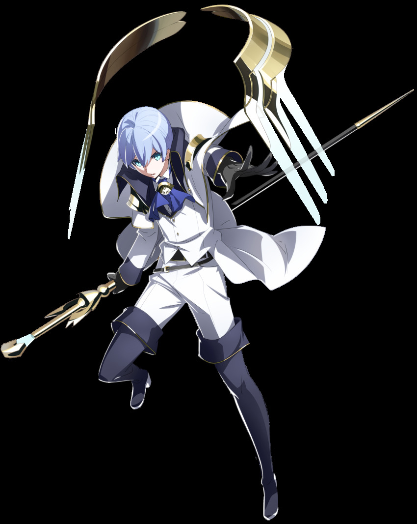 1boy, aqua_eyes, belt, black_gloves, blue_necktie, boots, cane, cape, coat, collar, gloves, hair_between_eyes, highres, jacket, londrekia_light, male_focus, necktie, short_hair, shoulder_pads, solo, source_request, transparent_background, under_night_in-birth, under_night_in-birth_exe:late[cl-r], uniform, white_cape, white_coat, white_hair, white_jacket, yoshihara_seiichi