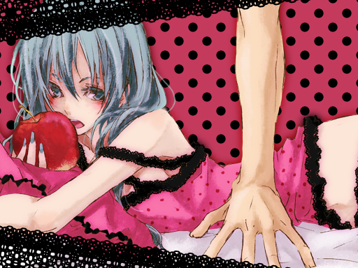 1girl, apple, aqua_(copyright), aqua_eyes, aqua_hair, bare_shoulders, bed, camisole, food, frilled_pillow, frills, fruit, grey_nails, hatsune_miku, holding, holding_food, holding_fruit, long_hair, lying, midriff, nail_polish, nezuki, open_mouth, panties, pillow, romeo_to_cinderella_(vocaloid), solo_focus, underwear, vocaloid
