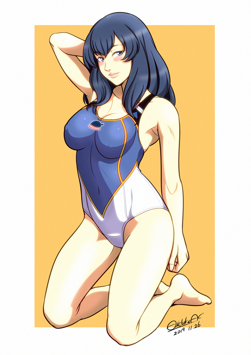 1girl, arm_behind_back, artist_name, bad_id, bad_pixiv_id, barefoot, blue_eyes, blue_hair