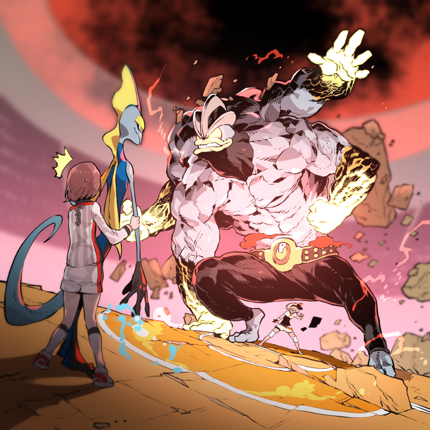 2girls, 2others, ^^^, arena, bea_(pokemon), belt, championship_belt, dark_sky