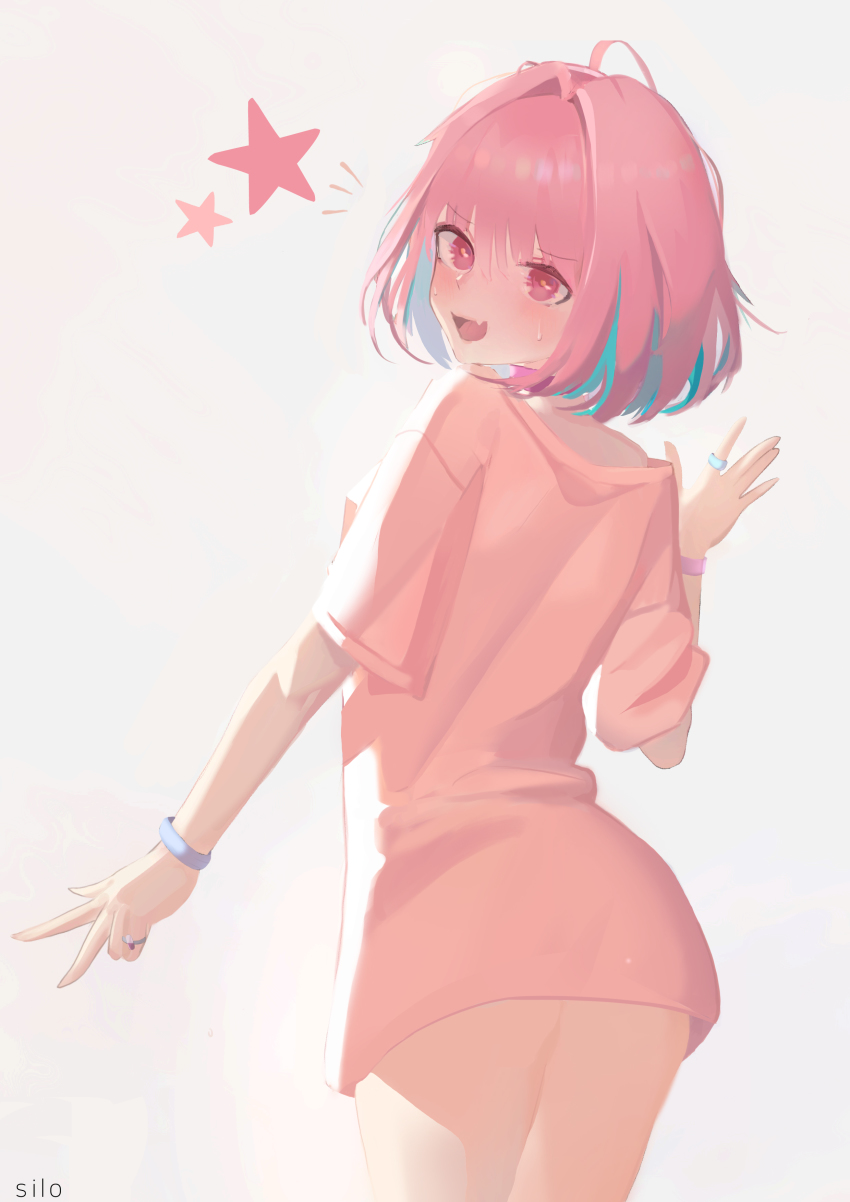 1girl, :d, ^^^, absurdres, ahoge, arm_at_side, arm_up, artist_name