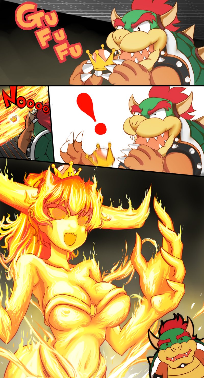 !, 1boy, 1girl, bowser, breasts, brooch, cleavage, comic