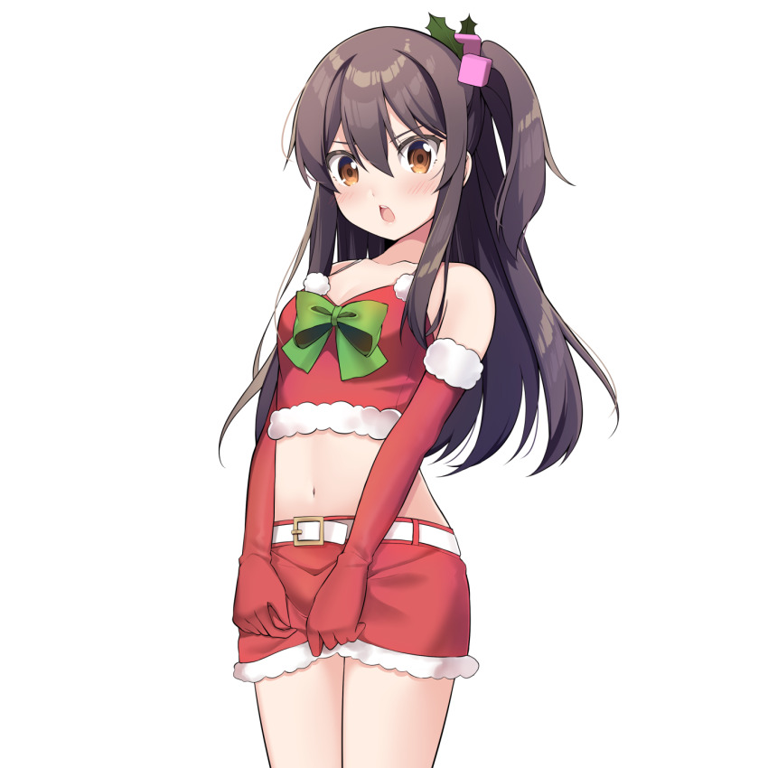 1girl, adachi_tenka, bare_shoulders, belt, black_hair, blush, bow, breasts, brown_eyes, christmas, cleavage, collarbone, commission, cowboy_shot, crop_top, elbow_gloves, female_focus, gloves, green_bow, hair_between_eyes, hair_ornament, highres, long_hair, looking_at_viewer, midriff, miniskirt, navel, one_side_up, open_mouth, red_gloves, red_shirt, red_skirt, sasha_chii, shirt, shoujo_ramune, sidelocks, simple_background, skirt, sleeveless, sleeveless_shirt, small_breasts, solo, spaghetti_strap, white_background