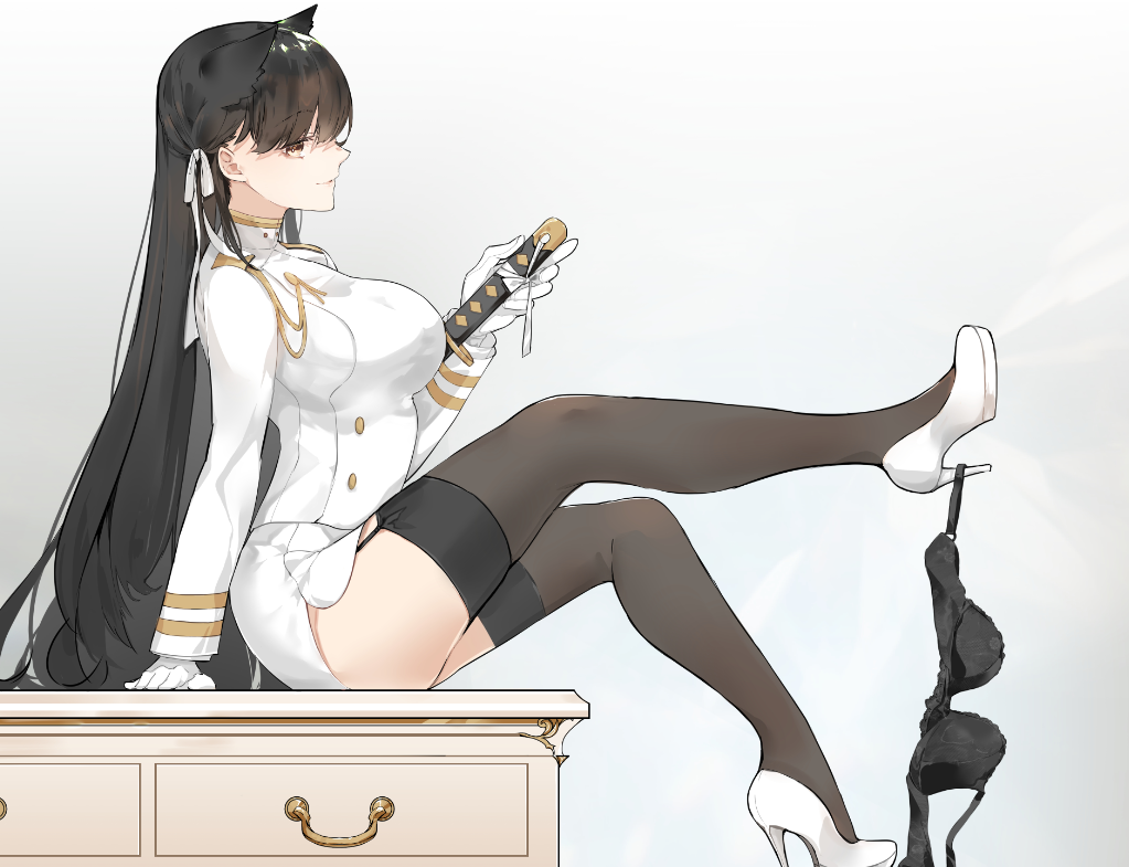 1girl, aiguillette, atago_(azur_lane), azur_lane, black_bra, black_hair, black_thighhighs, bra, brown_eyes, closed_mouth, drawer, female_focus, from_side, full_body, garter_straps, gloves, gradient_background, grey_background, hand_on_sheath, leg_up, long_hair, long_sleeves, looking_at_viewer, looking_to_the_side, military, military_uniform, miniskirt, neko_(ganecooo), sheath, sheathed, shelf, side_slit, sideways_glance, sitting, skirt, smile, solo, sword, thighhighs, underwear, unworn_bra, very_long_hair, weapon, white_footwear, white_gloves, white_skirt