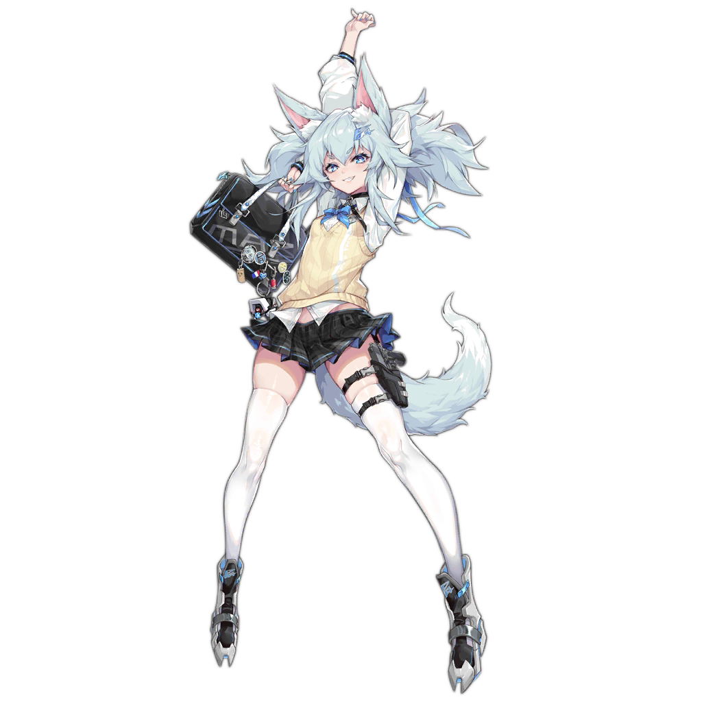 1girl, animal_ear_fluff, animal_ears, arms_up, bag, beige_vest, black_boots, black_skirt