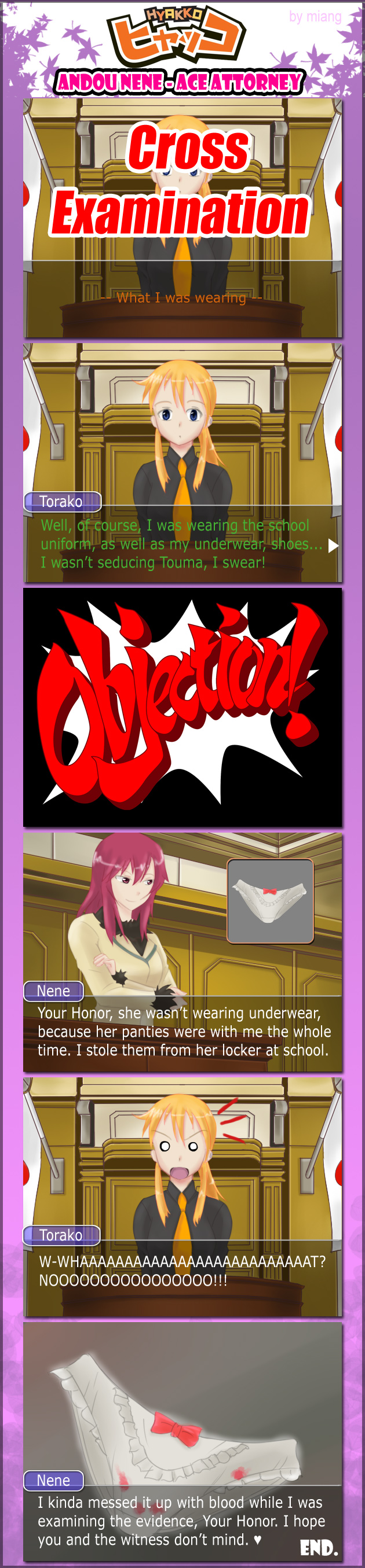 absurdres, andou_nene, blonde_hair, blood, capcom, comic, ace_attorney, highres, hyakko, kageyama_torako, long_image, miang, phoenix_wright, objection, panties, parody, red_hair, tall_image, underwear