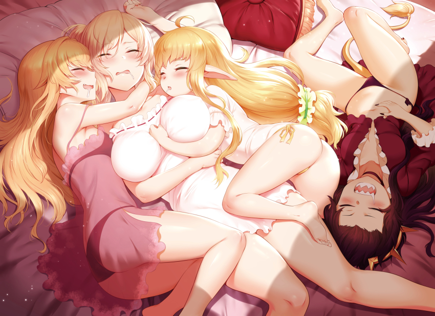 4girls, age_difference, ahoge, ass, bare_legs, barefoot, black_bra, black_hair, black_panties, blonde_hair, blush, bra, breasts, chemise, choker, christina_(tanaka_the_wizard), drooling, edita_(tanaka_the_wizard), ester_fitz_clarence, closed_eyes, fang, fingernails, girl_sandwich, highres, large_breasts, long_hair, low-tied_long_hair, lying, m-da_s-tarou, multiple_girls, nail_polish, novel_illustration, official_art, on_back, panties, pointy_ears, sandwiched, see-through_clothes, sharp_fingernails, sharp_teeth, side-tie_panties, sidelocks, sleeping, small_breasts, sophia_(tanaka_the_wizard), string_panties, tail, tanaka_the_wizard, teeth, underwear, yellow_panties
