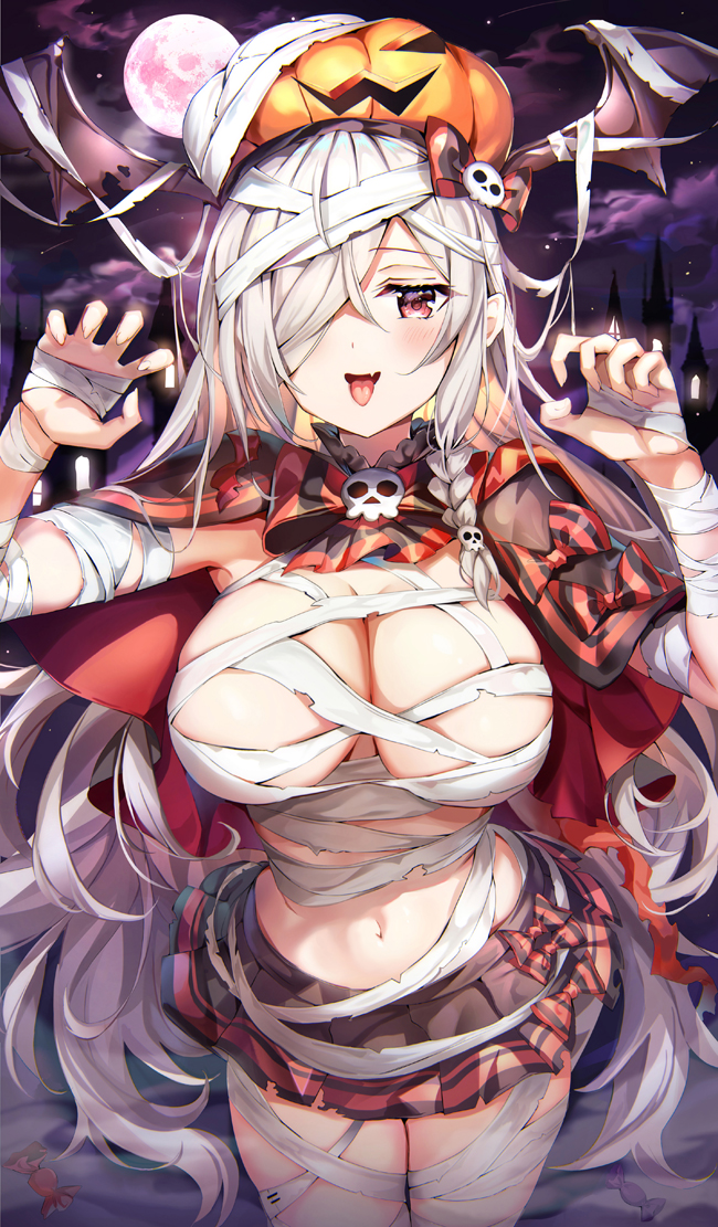 1girl, bandages, blush, braid, breasts, cape, cleavage, cowboy_shot, female_focus, full_moon, g36c_(burning-eyed_g36c)_(girls'_frontline), g36c_(girls'_frontline), girls'_frontline, hair_over_one_eye, halloween, halloween_costume, hat, jack-o'-lantern, large_breasts, long_hair, looking_at_viewer, moon, mummy_costume, narae, official_alternate_costume, open_mouth, red_eyes, side_braid, silver_hair, skirt, smile, solo, torn_clothes, very_long_hair