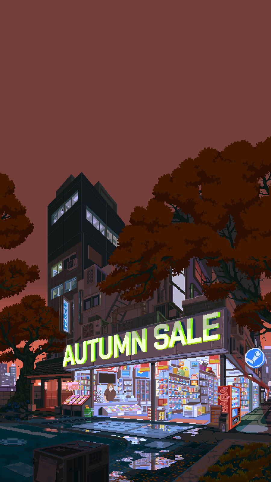 air_conditioner, autumn, basket, beard, brown_hair, building, cash_register, character_request