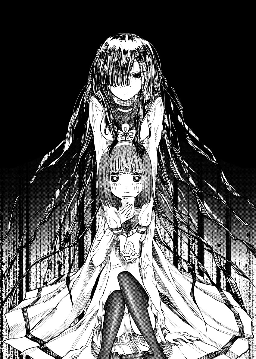 2girls, absurdres, cellphone, comic, dress, greyscale, highres, long_dress