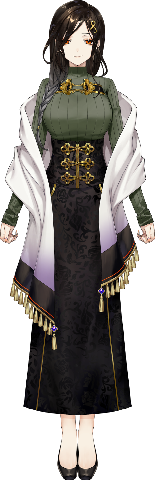 1girl, black_footwear, black_hair, black_skirt, braid, breasts, closed_mouth, corset, female_focus, floral_print, full_body, gradient_hair, green_sweater, hair_ornament, hair_over_one_eye, hairclip, highres, large_breasts, long_braid, long_hair, long_skirt, long_sleeves, looking_at_viewer, multicolored_hair, nail_polish, namakawa, nijisanji, official_art, orange_eyes, orange_nails, ribbed_sweater, shawl, shirayuki_tomoe, shirayuki_tomoe_(1st_costume), single_braid, skirt, smile, solo, standing, straight-on, sweater, tachi-e, transparent_background, virtual_youtuber