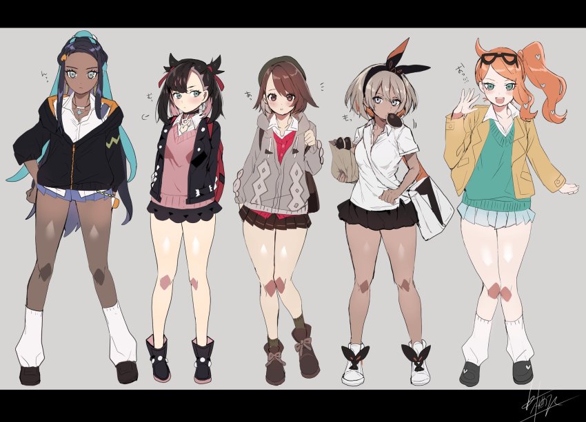 5girls, :o, alternate_costume, aqua_eyes, armlet, asymmetrical_bangs, backpack, bag