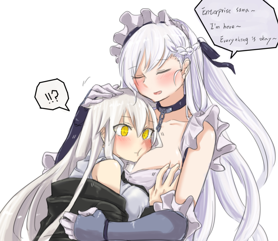 2girls, aoi_(aoisaka), apron, azur_lane, belfast_(azur_lane), black_coat, black_neckwear, blush