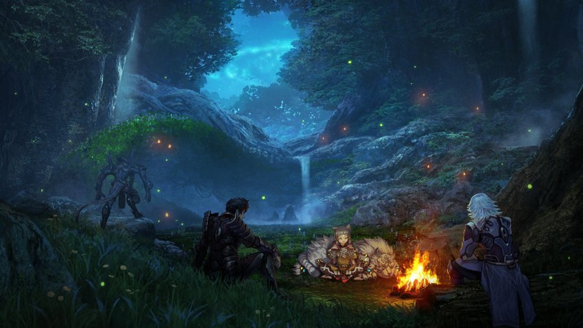 1girl, 4boys, :3, animal_ears, armor, black_hair, campfire, cat_ears