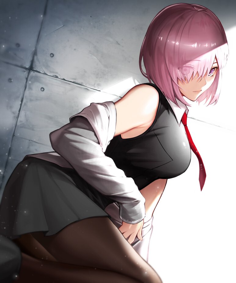 1girl, bare_shoulders, black_shirt, blush, bob_cut, breasts, collar, eyes_visible_through_hair