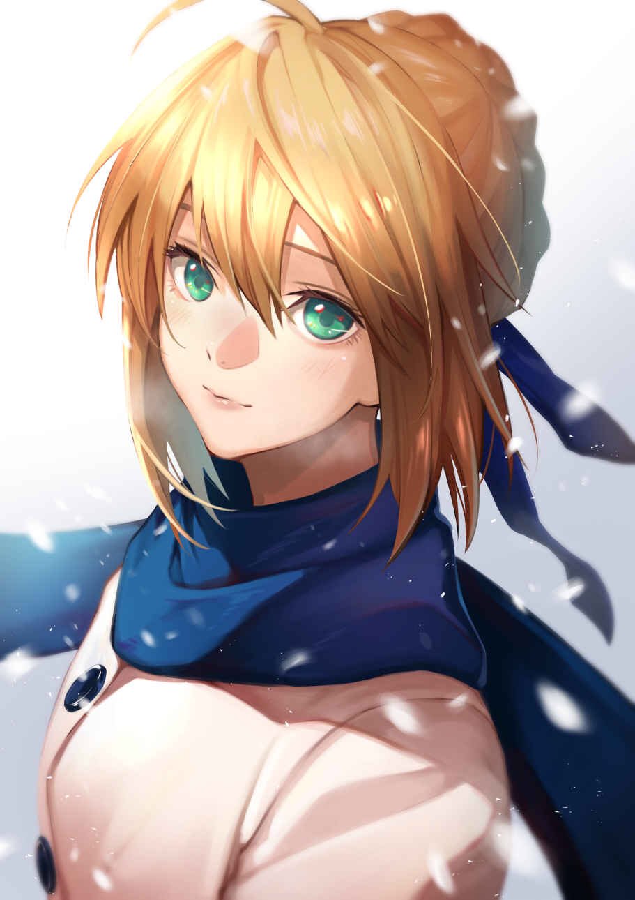 1girl, ahoge, artoria_pendragon_(fate), blonde_hair, blue_ribbon, blue_scarf, braid, braided_bun