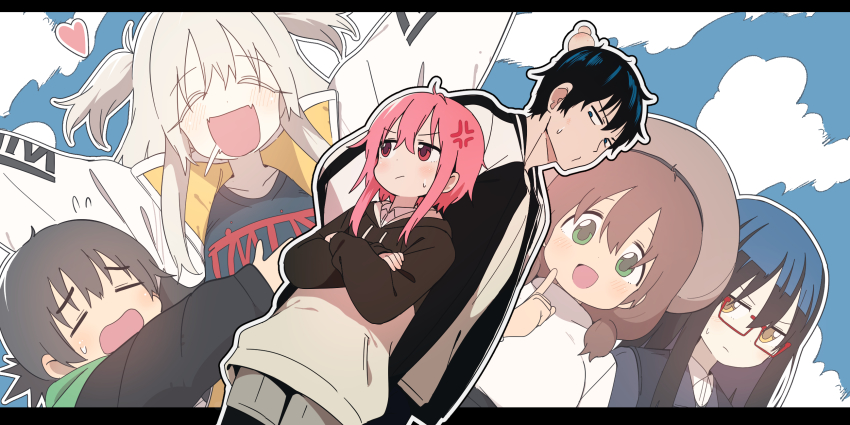 1boy, 5girls, anger_vein, black_hair, blonde_hair, blush, brown_hair, bural_chingu