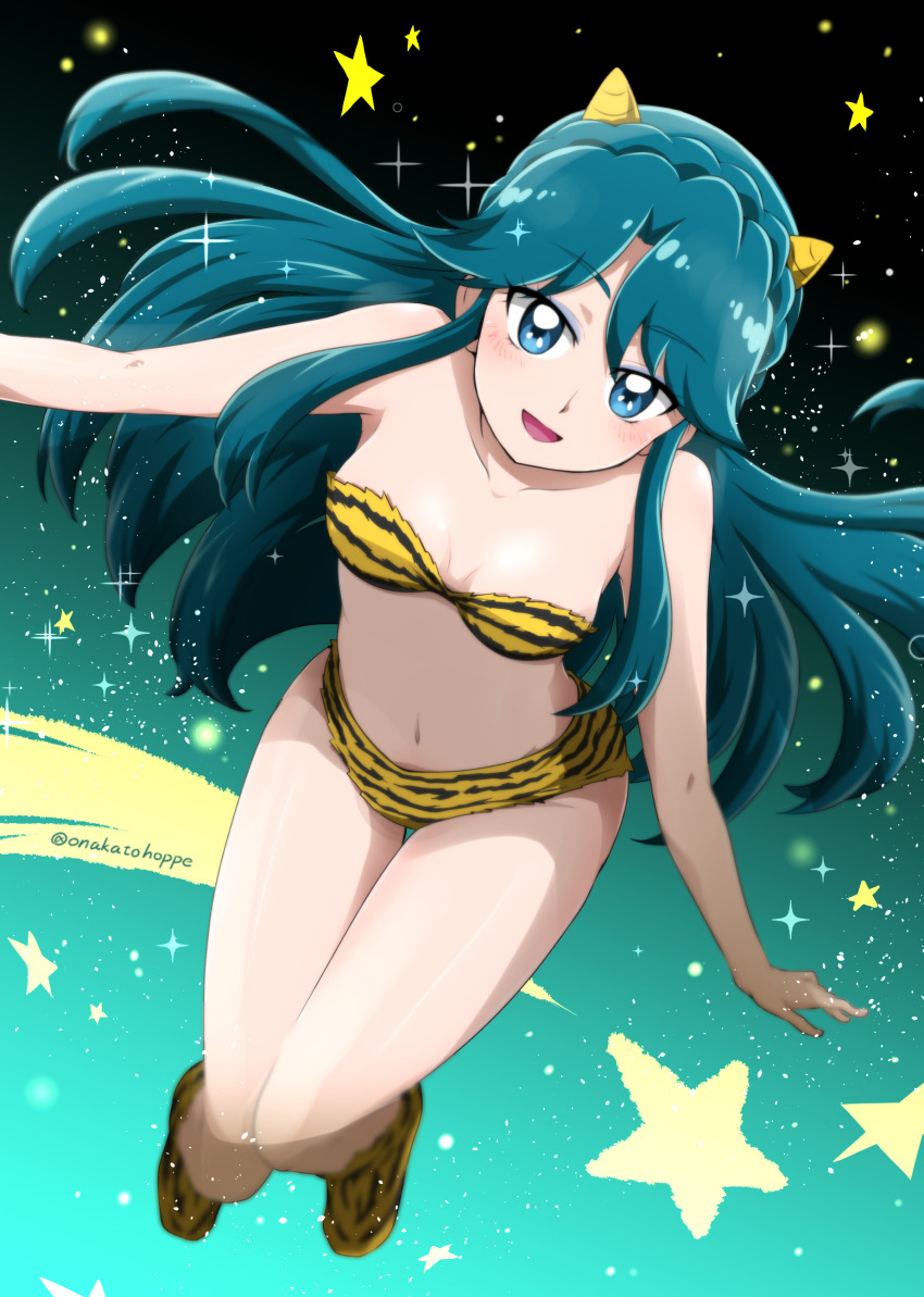 1girl, :d, absurdres, animal_print, bikini, blue_eyes, blue_hair, blurry, blurry_background, blush, boots, bra, breasts, cleavage, collarbone, cosplay, female_focus, floating_hair, full_body, go!_princess_precure, highres, kaidou_minami, long_hair, looking_at_viewer, lum, lum_(cosplay), navel, nita_(onakatohoppe), open_mouth, panties, precure, print_bikini, print_bra, small_breasts, smile, solo, strapless, strapless_bra, swimsuit, tiger_panties, tiger_print, twitter_username, underwear, underwear_only, urusei_yatsura, very_long_hair, yellow_bikini, yellow_bra, yellow_panties