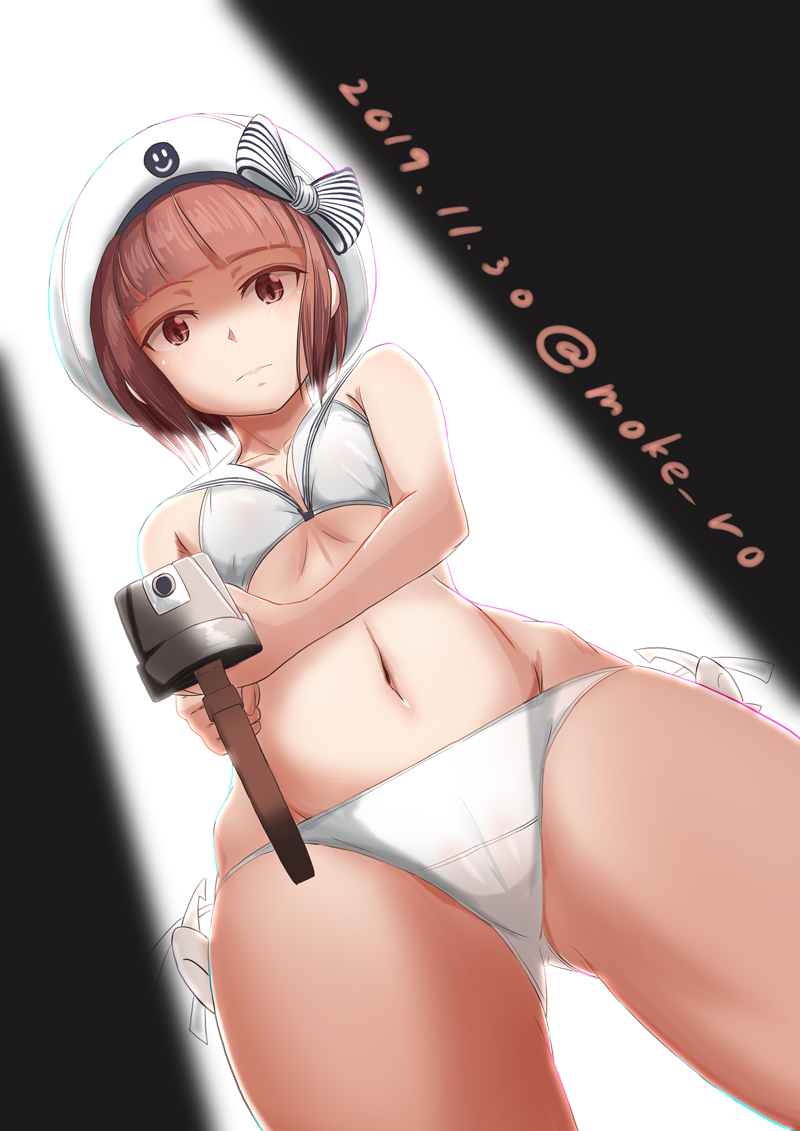 1girl, adapted_turret, aiming, aiming_at_viewer, bikini, breasts, brown_eyes, cameltoe, cannon, commentary_request, cowboy_shot, female_focus, hat, holding, holding_turret, kantai_collection, moke_ro, navel, red_hair, sailor_bikini, sailor_collar, sailor_hat, ship_turret, short_hair, small_breasts, solo, swimsuit, turret, white_bikini, white_hat, z3_max_schultz_(kancolle), z3_max_schultz_(swimsuit)_(kancolle)
