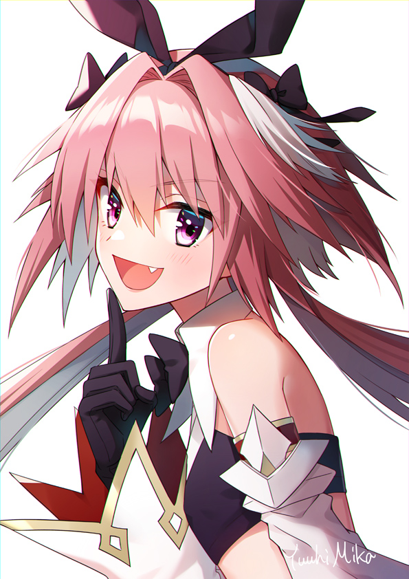 1boy, artist_name, astolfo_(fate), astolfo_(saber)_(fate), astolfo_(saber)_(first_ascension)_(fate), bare_shoulders, black_bow, black_gloves, black_ribbon, blush, bow, bowtie, commentary_request, fang, fate/grand_order, fate_(series), from_side, gloves, hair_bow, hair_intakes, hair_ribbon, long_hair, long_sleeves, looking_at_viewer, male_focus, multicolored_hair, pink_hair, purple_eyes, ribbon, simple_background, solo, streaked_hair, trap, twintails, white_background, white_hair, yuuhi_mika