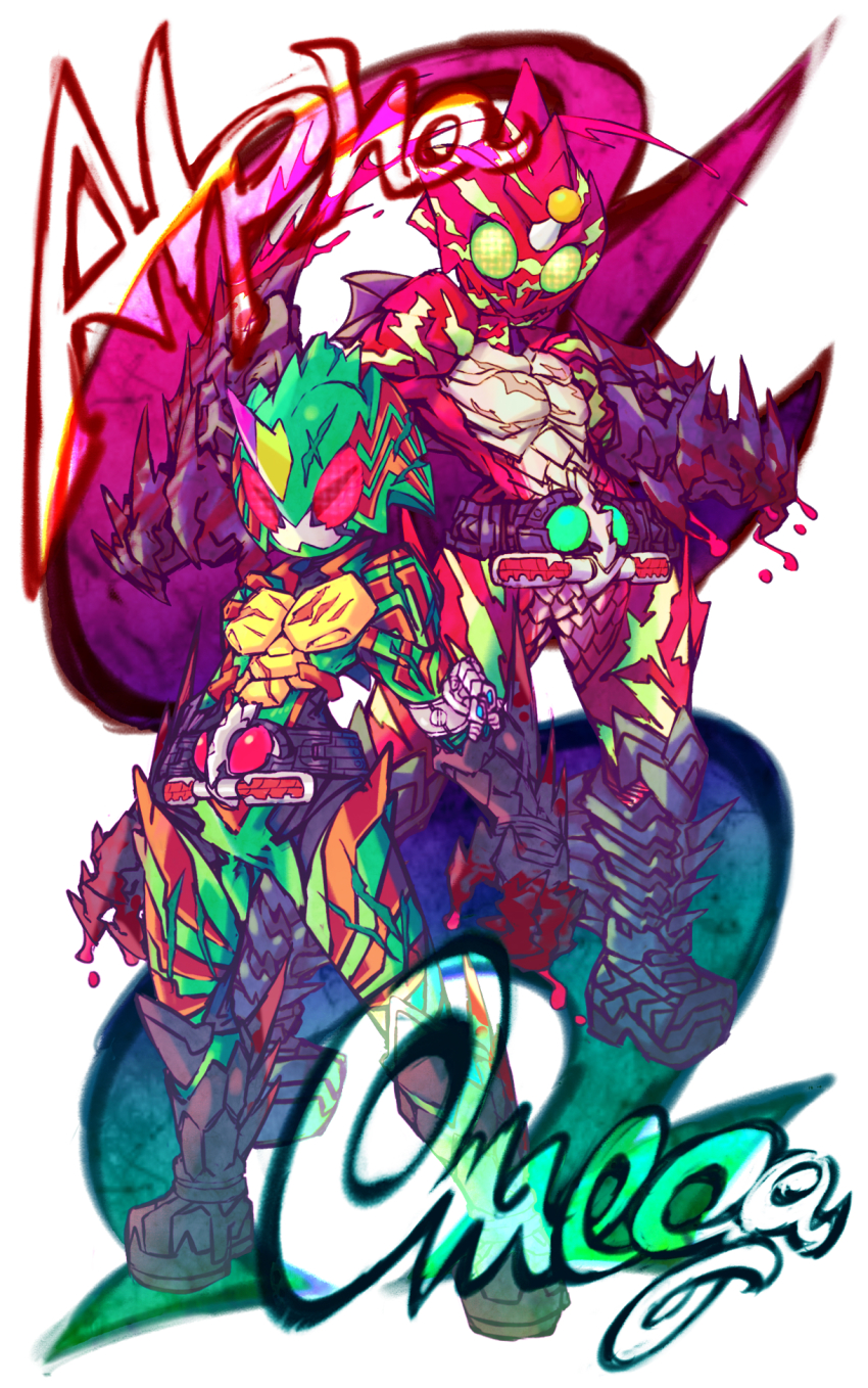 2boys, arm_blade, armor, belt, blood, bodysuit, claws, colored_skin
