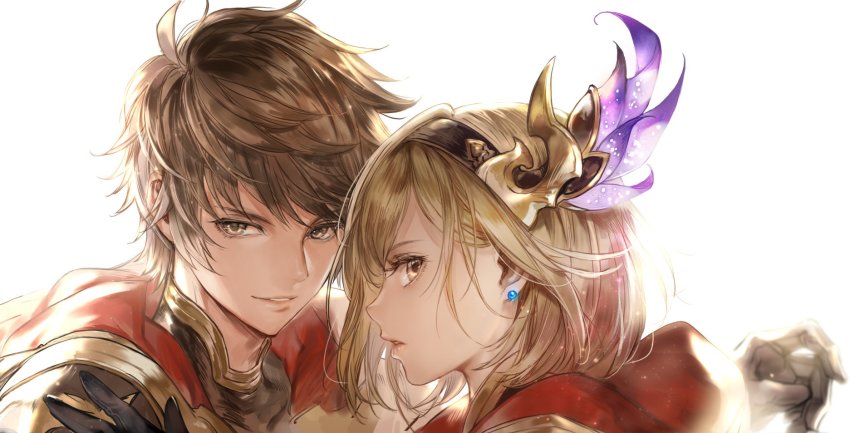 1boy, 1girl, adoniszaf, asymmetrical_hair, brown_eyes, brown_hair, cape, djeeta_(granblue_fantasy)