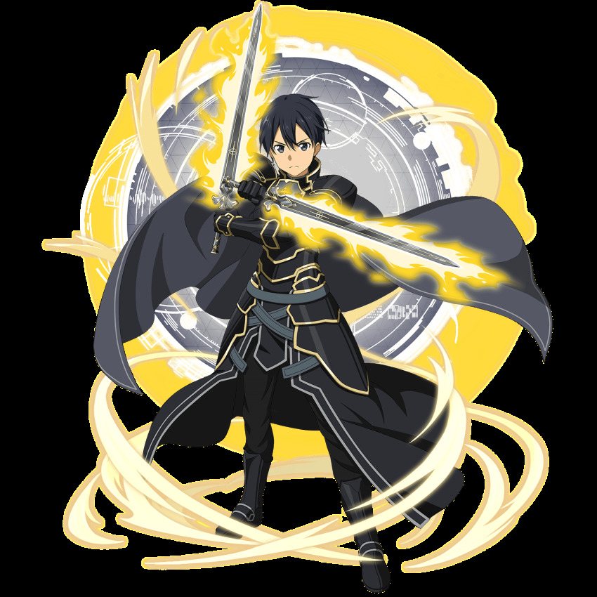 armor, black_armor, black_cape, black_eyes, black_gloves, black_hair, black_sword, cape