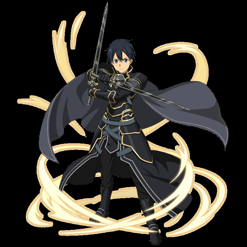 armor, black_armor, black_boots, black_cape, black_eyes, black_gloves, black_hair, black_sword