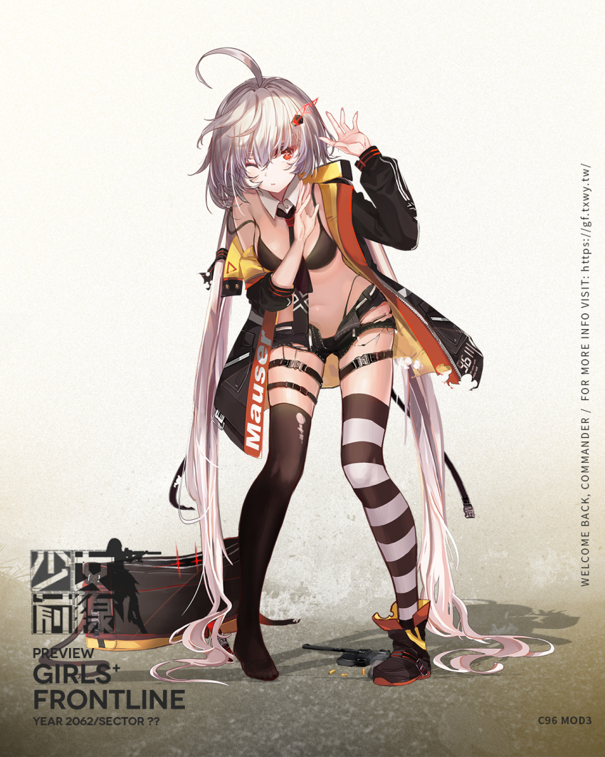 +_+, 1girl, absurdly_long_hair, ahoge, bag, belt, bikini, bikini_under_clothes, black_bikini, black_boots, black_jacket, black_necktie, black_shorts, black_thighhighs, boots, breasts, buckle, c96_(girls'_frontline), c96_(mod3)_(girls'_frontline), character_name, closed_mouth, clothes_writing, cross, detached_collar, duffel_bag, female_focus, full_body, girls'_frontline, gun, hair_between_eyes, handgun, hands_up, headgear, headphones, headphones_around_neck, highleg, highleg_bikini, highres, holster, icywood, iron_cross, jacket, leaning_forward, long_hair, looking_at_viewer, low_twintails, mauser_c96, mod3_(girls'_frontline), multiple_straps, navel, necktie, official_alternate_costume, official_art, one_eye_closed, open_clothes, open_fly, open_jacket, pistol, short_shorts, shorts, sidelocks, silver_hair, skirt, snap-fit_buckle, solo, star_(symbol), stomach, striped_clothes, striped_thighhighs, swimsuit, thigh_holster, thigh_strap, thighhighs, torn_clothes, twintails, very_long_hair, weapon