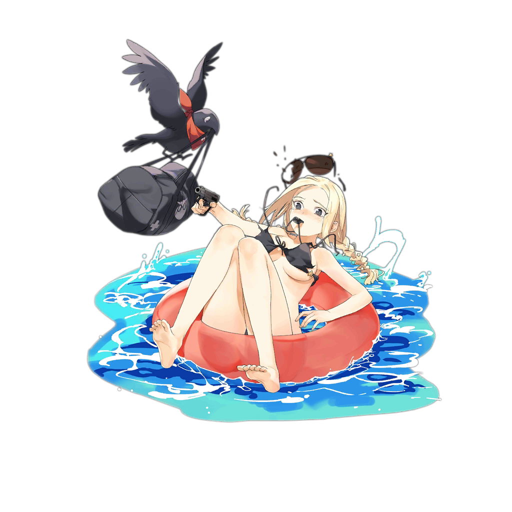 1girl, bare_legs, barefoot, bikini, bird, black_bikini, black_eyes, blonde_hair