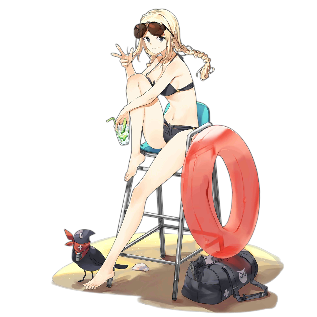 1girl, bare_legs, barefoot, bikini, bird, black_bikini, black_eyes, blonde_hair