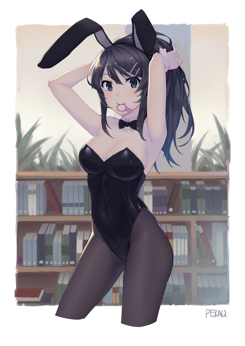 1girl, absurdres, alternate_hairstyle, animal_ears, arms_up, black_bow, black_bowtie, black_hair