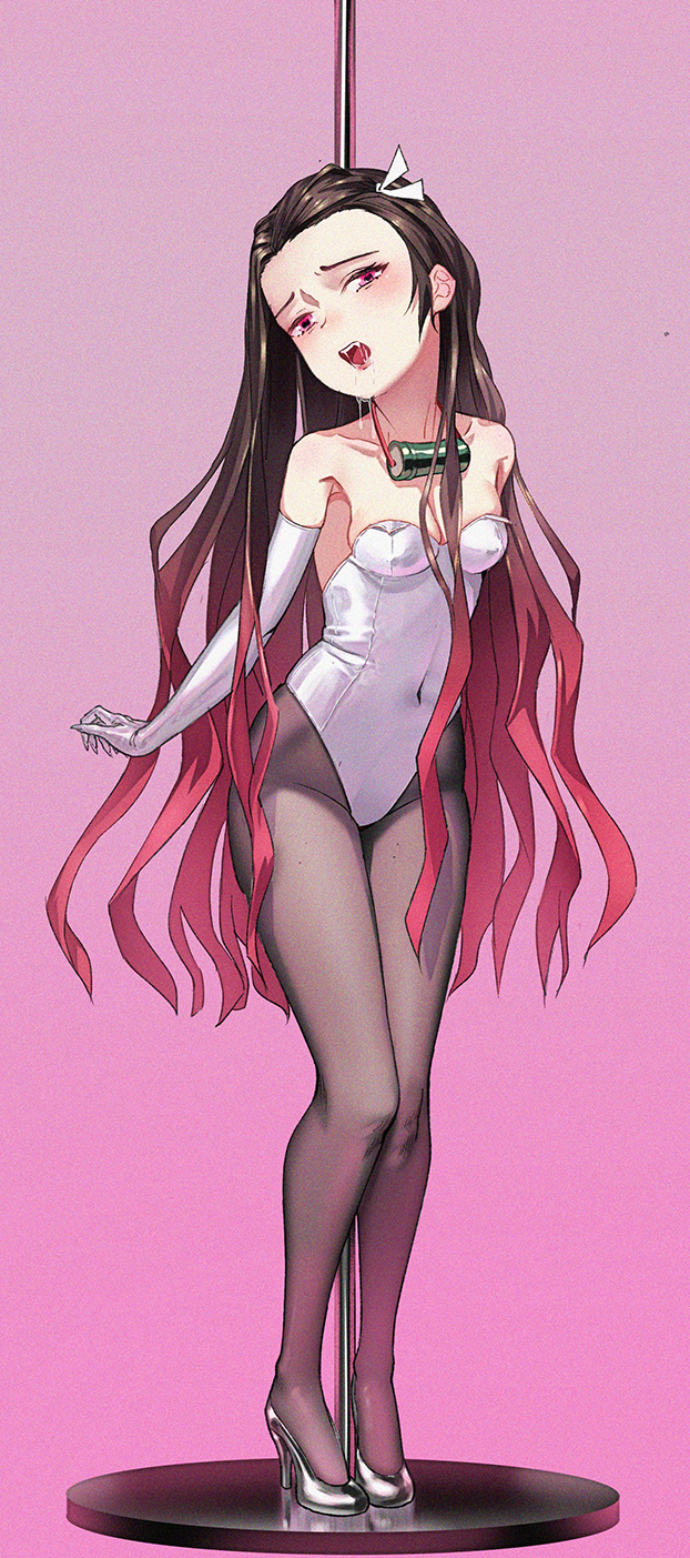1girl, alternate_costume, bad_id, bad_pixiv_id, bit_gag, black_hair, black_pantyhose, breasts, chinese_commentary, cleavage, collarbone, commentary_request, covered_navel, drooling, elbow_gloves, fangs, female_focus, full_body, gag, gag_around_neck, gloves, gradient_hair, hen-te, high_heels, highres, kamado_nezuko, kimetsu_no_yaiba, leotard, long_hair, multicolored_hair, open_mouth, pantyhose, pink_background, pink_eyes, playboy_bunny, pole, saliva, saliva_trail, simple_background, small_breasts, solo, standing, strapless, strapless_leotard, unworn_gag, white_footwear, white_gloves, white_leotard